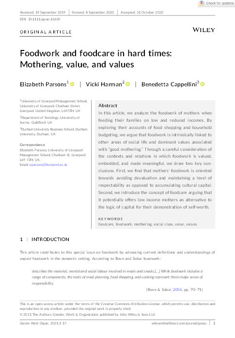 Foodwork and Foodcare in Hard Times: Mothering, Value and Values Thumbnail