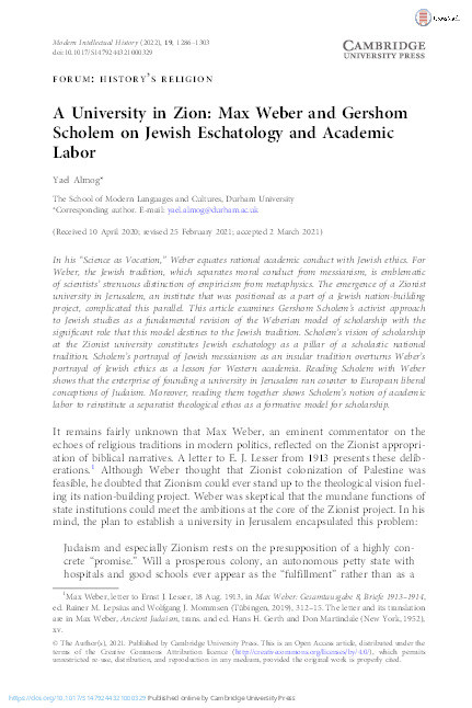 A University in Zion: Max Weber and Gershom Scholem on Jewish Eschatology and Academic Labor Thumbnail