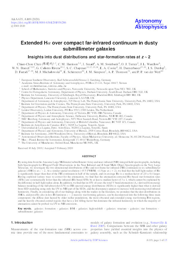 Extended Hα over compact far-infrared continuum in dusty submillimeter galaxies Thumbnail