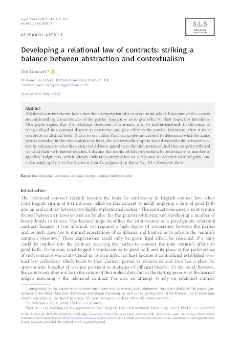 Developing a Relational Law of Contracts: Striking a Balance between Abstraction and Contextualism Thumbnail