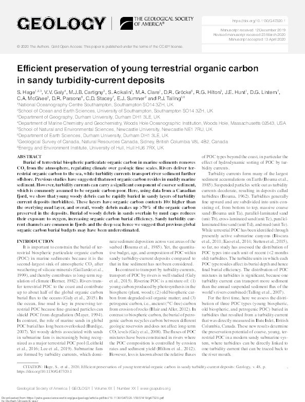 Efficient preservation of young terrestrial organic carbon in sandy turbidity current deposits Thumbnail