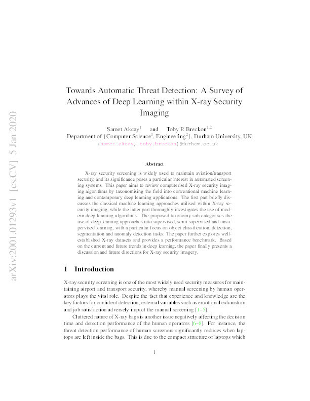 Towards Automatic Threat Detection: A Survey of Advances of Deep Learning within X-ray Security Imaging Thumbnail