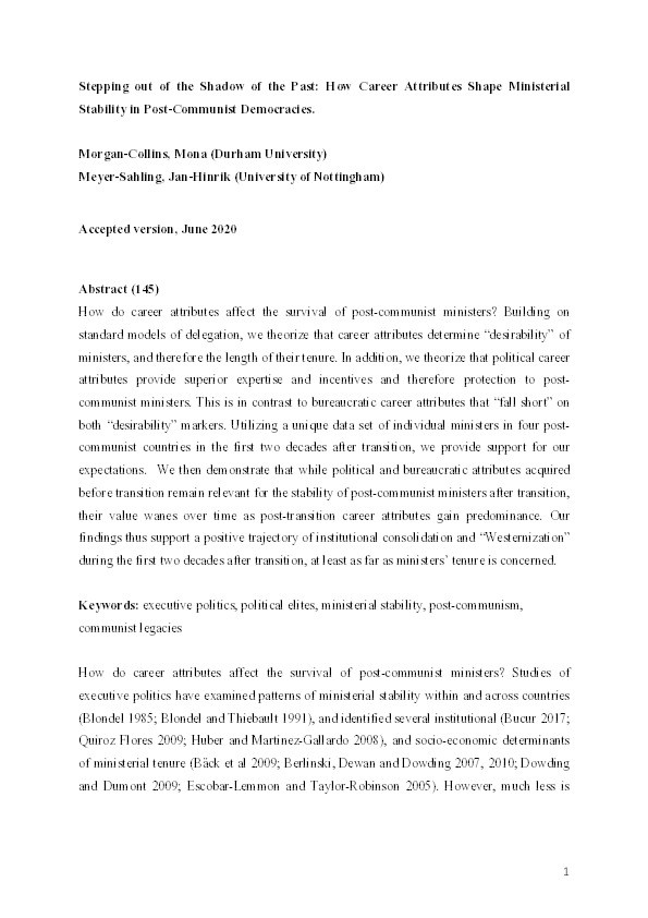 Stepping out of the shadow of the past: how career attributes shape ministerial stability in post-communist democracies Thumbnail