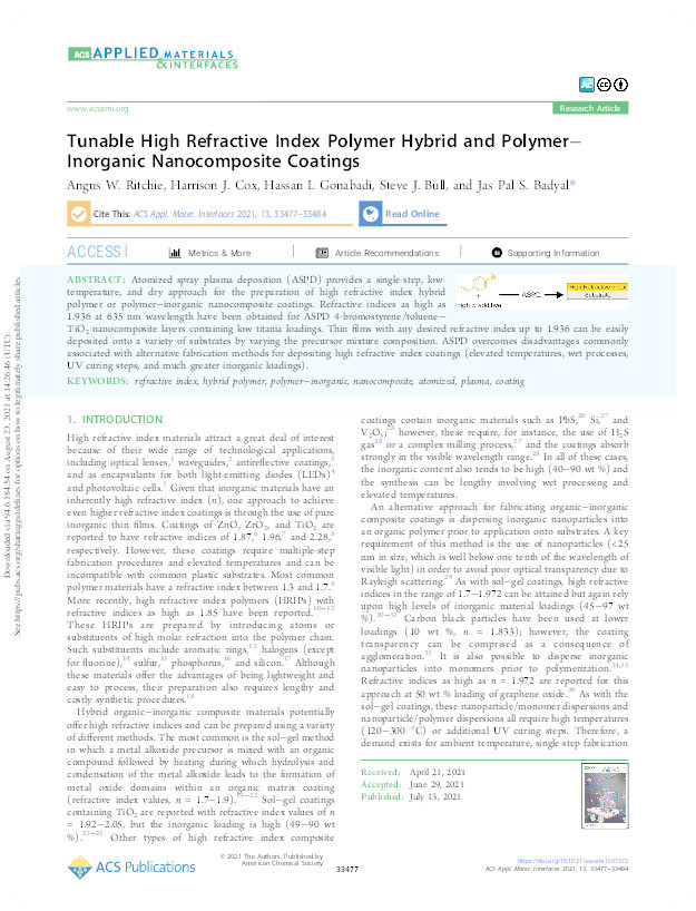 Tunable High Refractive Index Polymer Hybrid and Polymer–Inorganic Nanocomposite Coatings Thumbnail