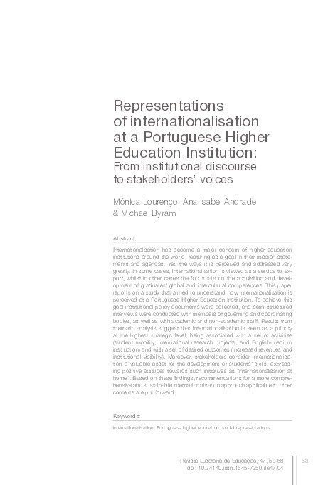 Representations of internationalisation at a Portuguese Higher Education Institution: From institutional discourse to stakeholders’ voices Thumbnail