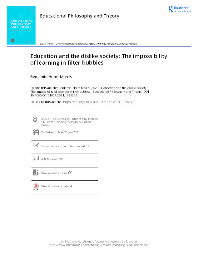 Education and the dislike society: The impossibility of learning in filter bubbles Thumbnail