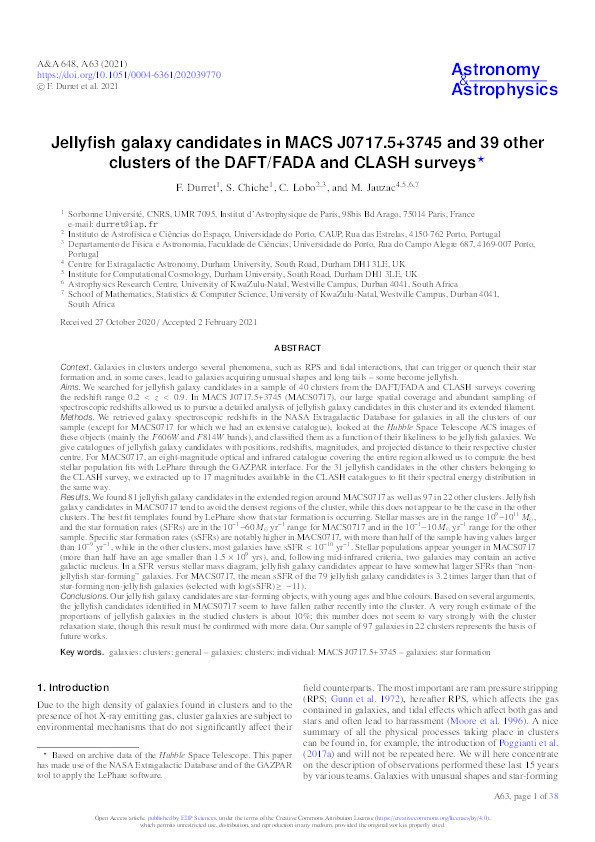Jellyfish galaxy candidates in MACS J0717.5+3745 and 39 other clusters of the DAFT/FADA and CLASH surveys Thumbnail