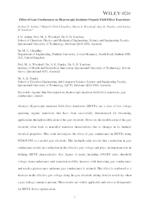 Effect of Gate Conductance on Hygroscopic Insulator Organic Field-Effect Transistors Thumbnail