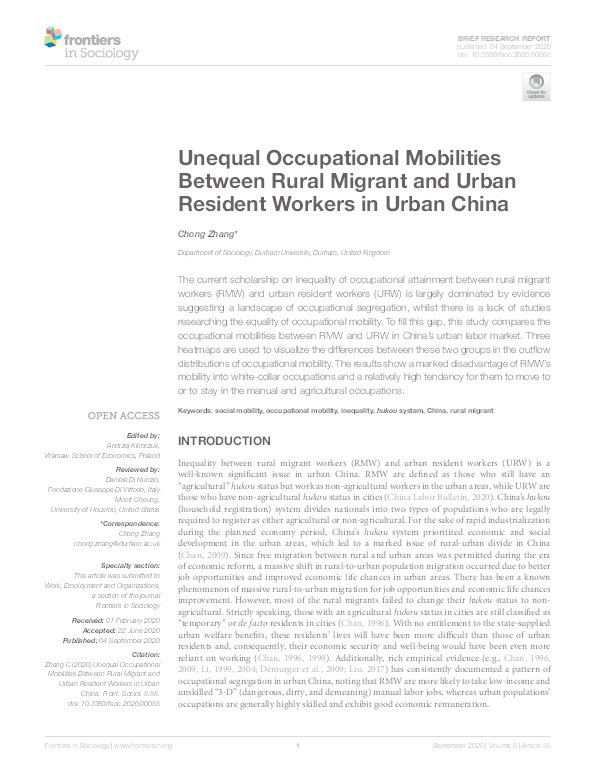 Unequal Occupational Mobilities Between Rural Migrant And Urban Resident Workers In Urban China Thumbnail