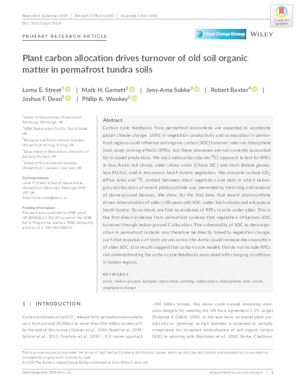 Plant carbon allocation drives turnover of old soil organic matter in permafrost tundra soils Thumbnail