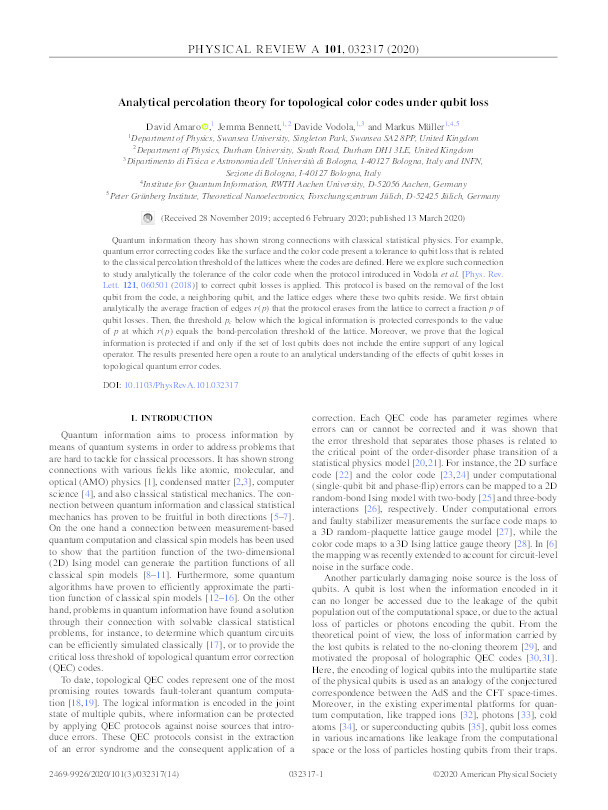 Analytical percolation theory for topological color codes under qubit loss Thumbnail