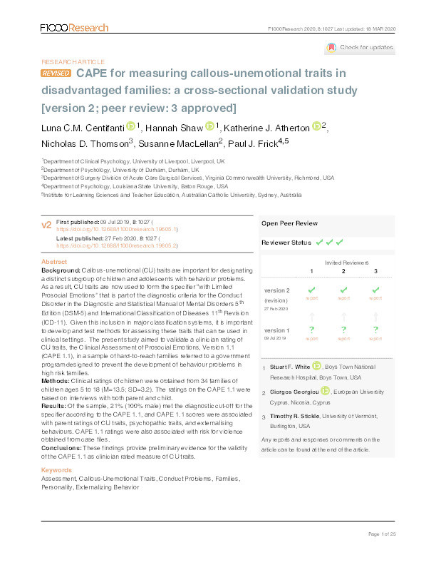 CAPE for measuring callous-unemotional traits in disadvantaged families: a cross-sectional validation study Thumbnail