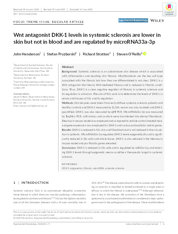 Wnt antagonist DKK‐1 levels in systemic sclerosis are lower in skin but not blood and is regulated by microRNA33a‐3p Thumbnail