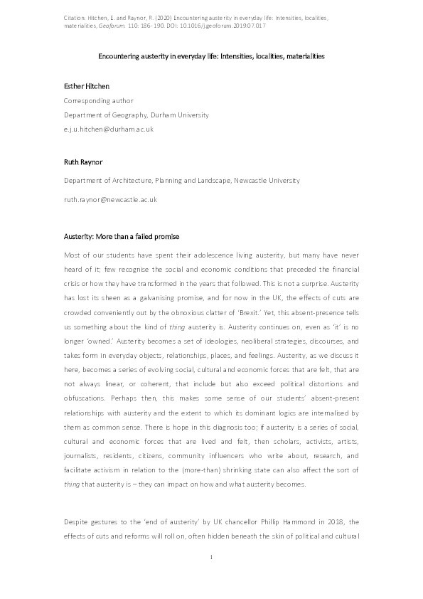 Encountering austerity in everyday life: Intensities, localities, materialities Thumbnail