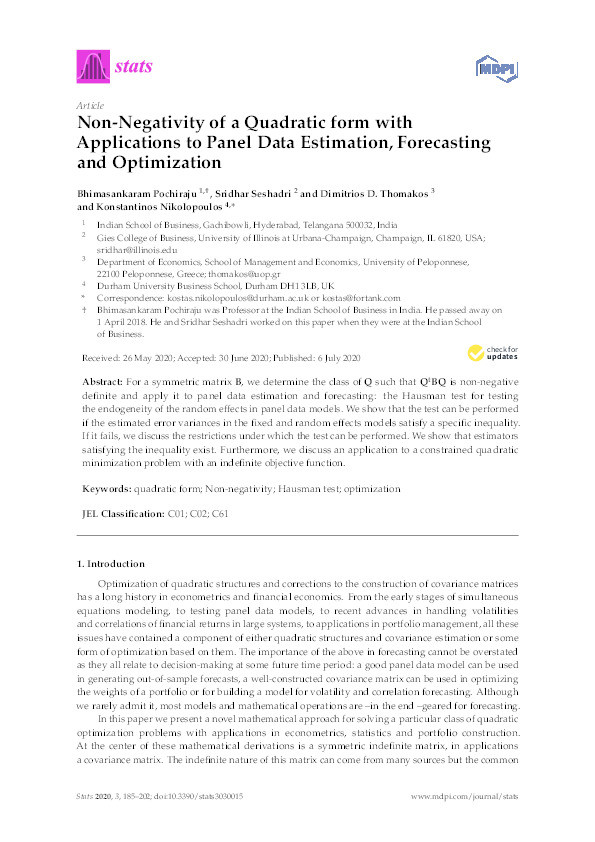Non-Negativity of a Quadratic form with Applications to Panel Data Estimation, Forecasting and Optimization Thumbnail