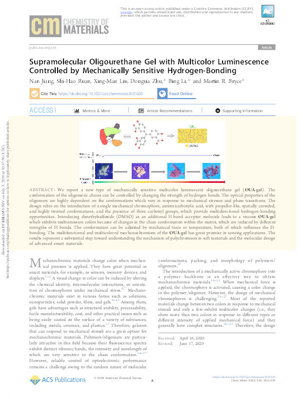 Supramolecular Oligourethane Gel with Multicolor Luminescence Controlled by Mechanically Sensitive Hydrogen-Bonding Thumbnail