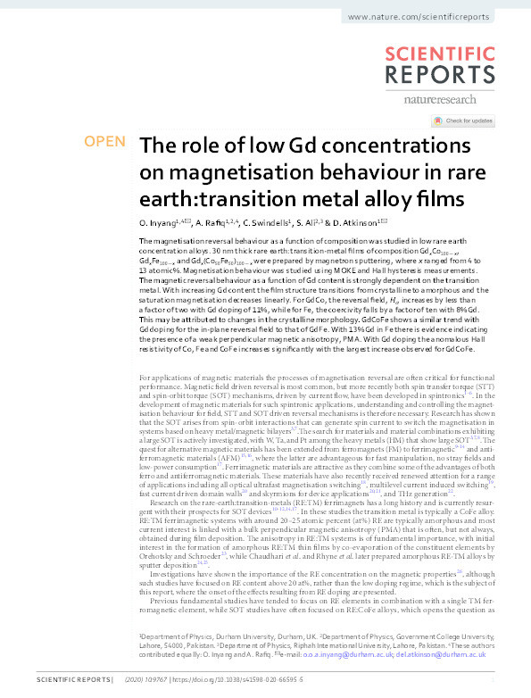 The role of low Gd concentrations on magnetisation behaviour in rare earth:transition metal alloy films Thumbnail