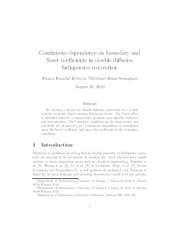Continuous dependence on boundary and Soret coefficients in double diffusive bidispersive convection Thumbnail