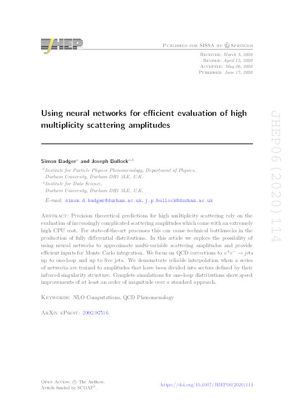 Using neural networks for efficient evaluation of high multiplicity scattering amplitudes Thumbnail