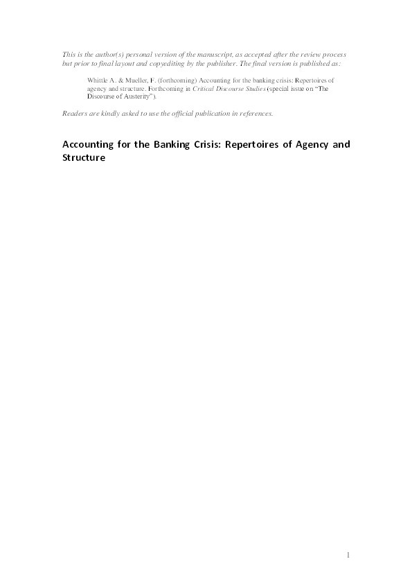 Accounting for the banking crisis: repertoires of agency and structure Thumbnail