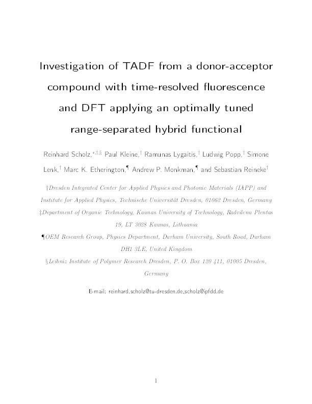 Investigation of Thermally Activated Delayed Fluorescence from a Donor–Acceptor Compound with Time-Resolved Fluorescence and Density Functional Theory Applying an Optimally Tuned Range-Separated Hybrid Functional Thumbnail