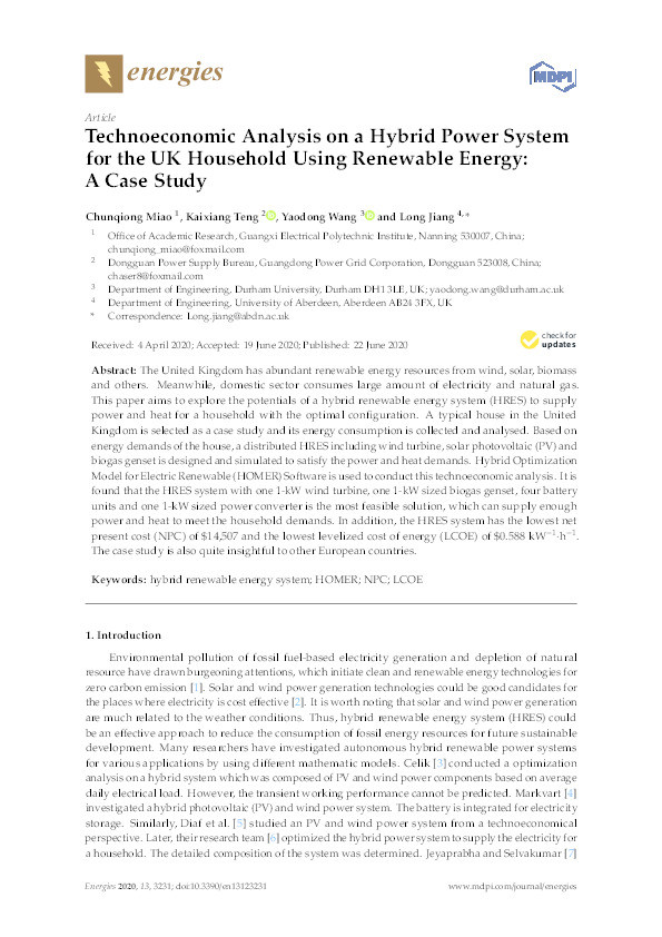 Technoeconomic Analysis on a Hybrid Power System for the UK Household Using Renewable Energy: A Case Study Thumbnail