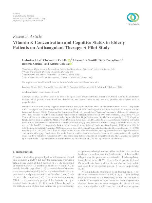 Vitamin K Concentration and Cognitive Status in Elderly Patients on Anticoagulant Therapy: A Pilot Study Thumbnail