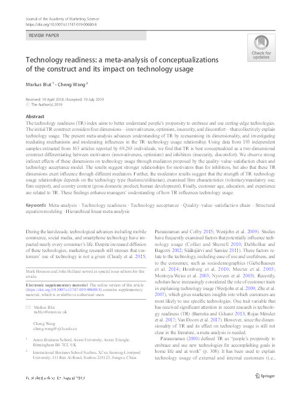 Technology readiness: a meta-analysis of conceptualizations of the construct and its impact on technology usage Thumbnail