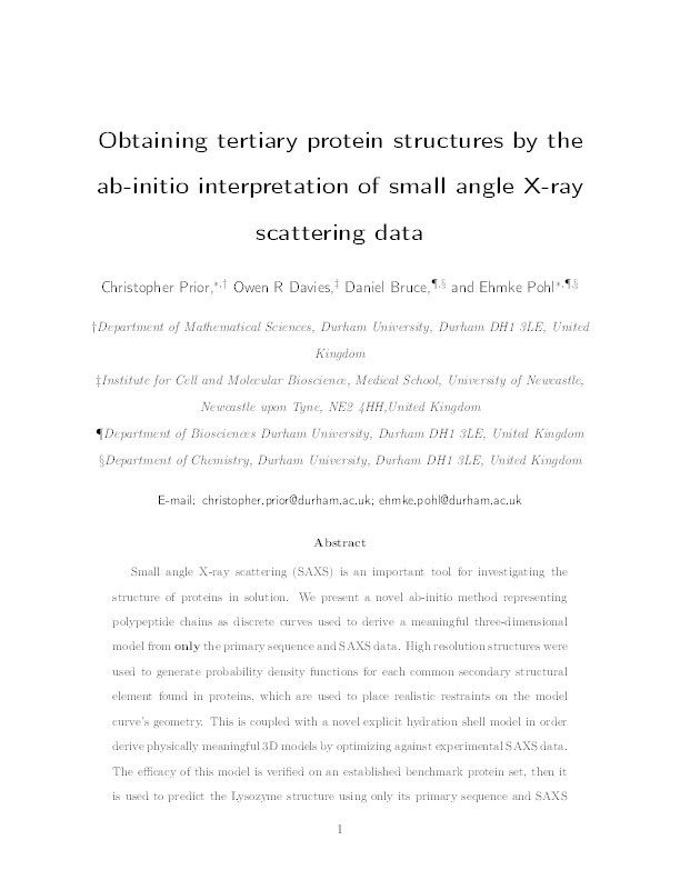 Obtaining Tertiary Protein Structures by the ab Initio Interpretation of Small Angle X-ray Scattering Data Thumbnail