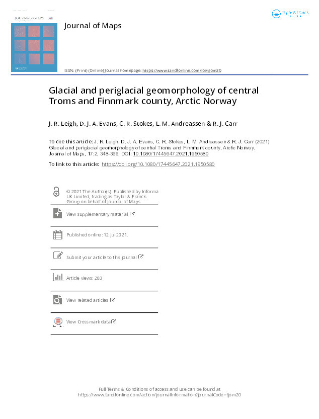 Glacial and periglacial geomorphological map of central Troms and Finnmark county, Arctic Norway Thumbnail