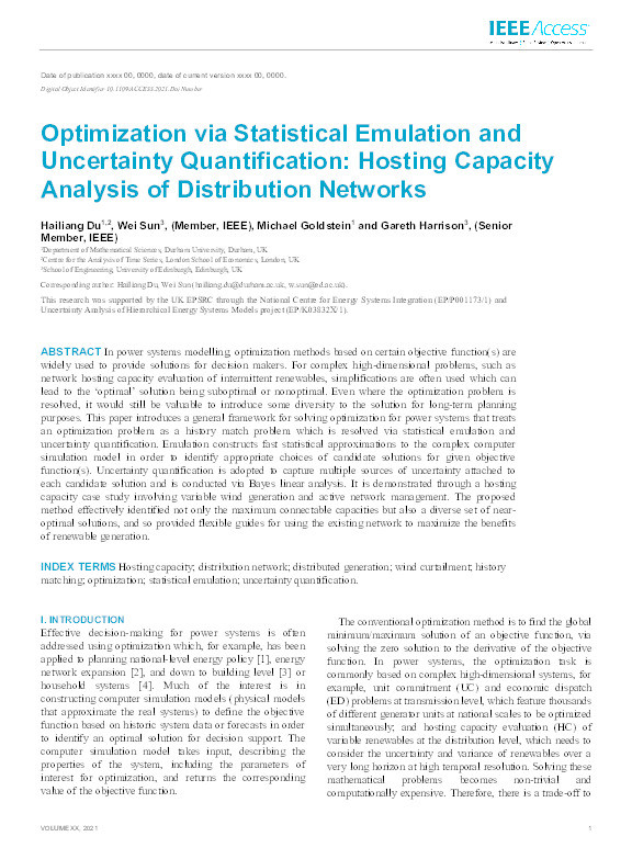 Optimization via Statistical Emulation and Uncertainty Quantification: Hosting Capacity Analysis of Distribution Networks Thumbnail