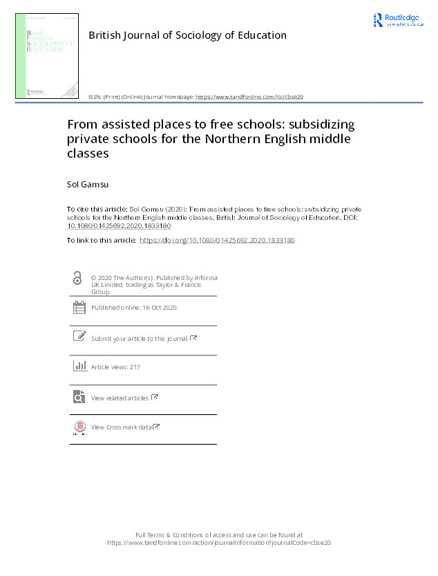 From assisted places to free schools: subsidizing private schools for the northern English middle classes Thumbnail