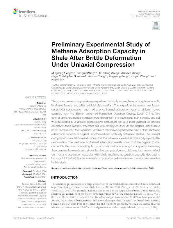 Preliminary Experimental Study of Methane Adsorption Capacity in Shale After Brittle Deformation Under Uniaxial Compression Thumbnail