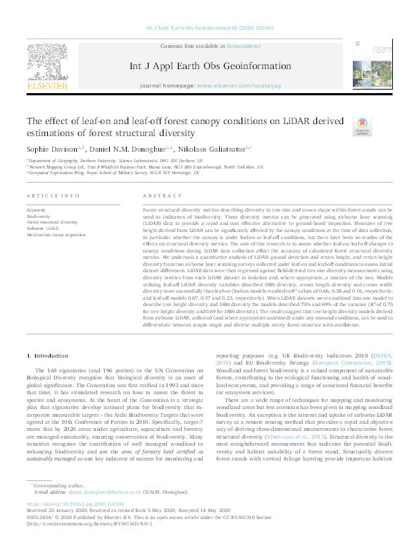 The effect of leaf-on and leaf-off forest canopy conditions on LiDAR derived estimations of forest structural diversity Thumbnail