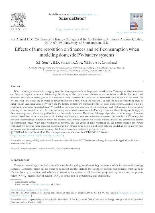 Effects of time resolution on finances and self-consumption when modeling domestic PV-battery systems Thumbnail