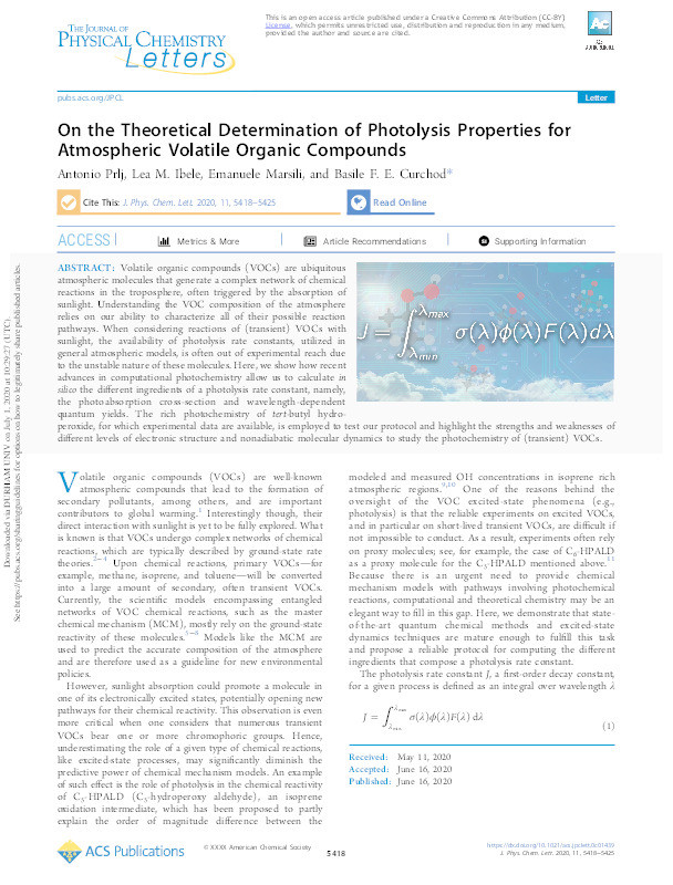 On the Theoretical Determination of Photolysis Properties for Atmospheric Volatile Organic Compounds Thumbnail