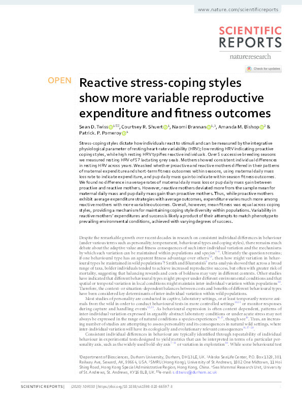 Reactive stress-coping styles show more variable reproductive expenditure and fitness outcomes Thumbnail