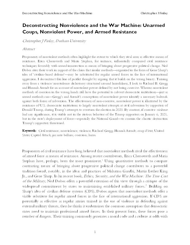 Deconstructing Nonviolence and the War Machine: Unarmed Coups, Nonviolent Power, and Armed Resistance Thumbnail