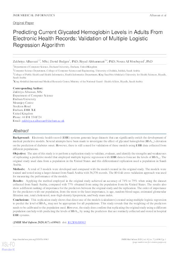 Predicting Current Glycated Hemoglobin Levels in Adults From Electronic Health Records: Validation of Multiple Logistic Regression Algorithm Thumbnail
