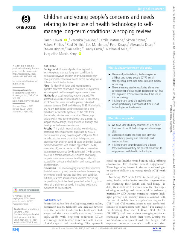 Children and young people’s concerns and needs relating to their use of health technology to self-manage long-term conditions: a scoping review Thumbnail