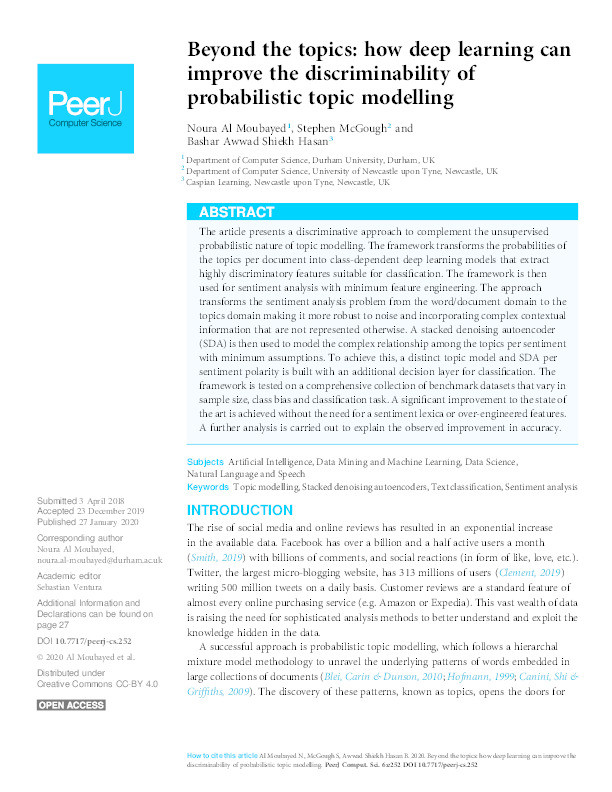 Beyond the topics: how deep learning can improve the discriminability of probabilistic topic modelling Thumbnail