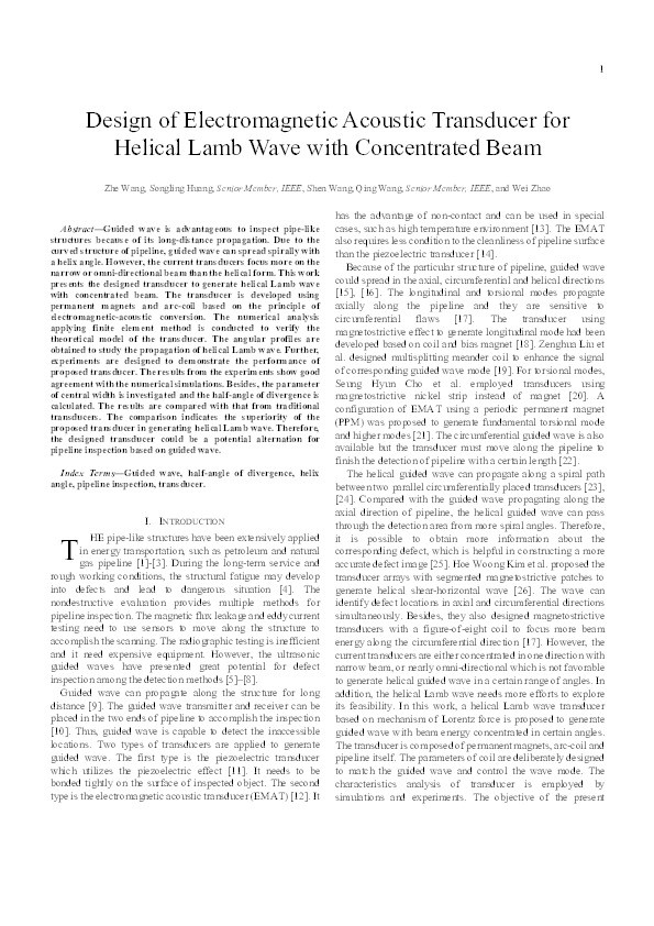 Design of Electromagnetic Acoustic Transducer for Helical Lamb Wave With Concentrated Beam Thumbnail