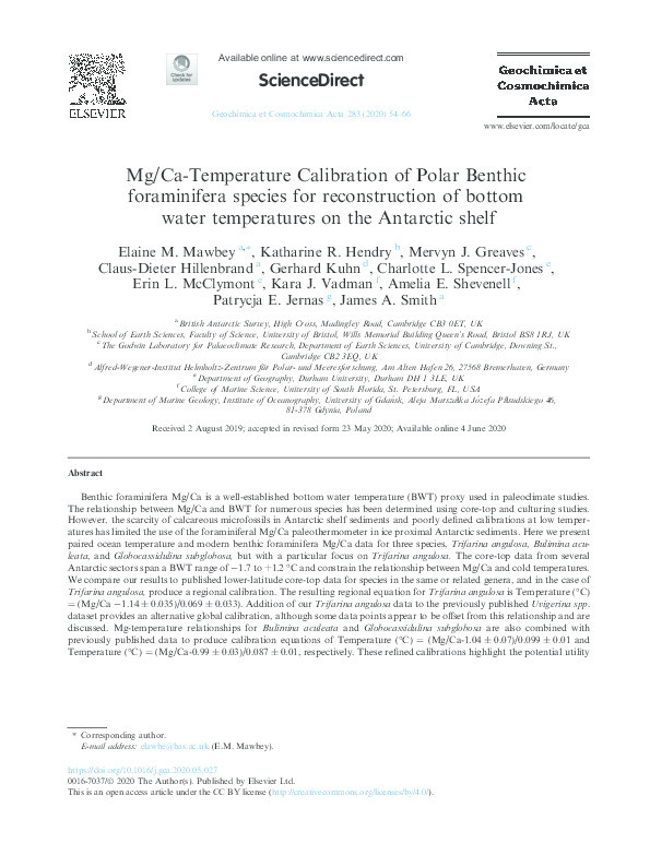 Mg/Ca-Temperature Calibration of Polar Benthic foraminifera species for reconstruction of bottom water temperatures on the Antarctic shelf Thumbnail