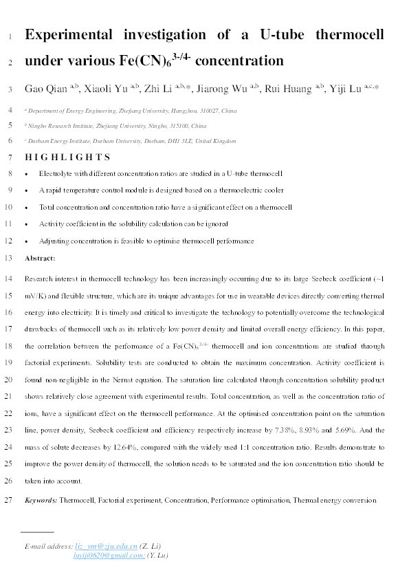 Experimental investigation of a U-tube thermocell under various Fe(CN)63−/4− concentration Thumbnail