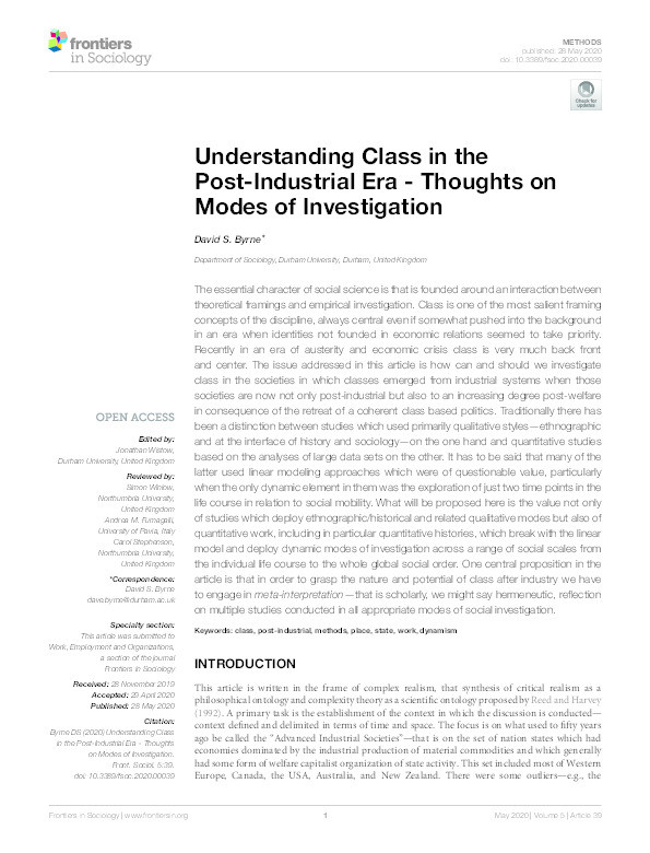 Understanding Class in the Post-Industrial Era - Thoughts on Modes of Investigation Thumbnail