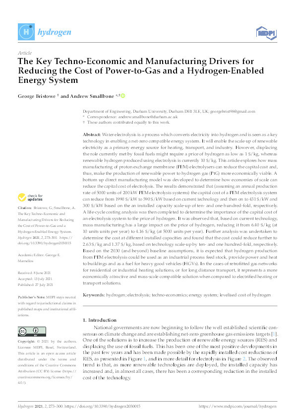 The Key Techno-Economic and Manufacturing Drivers for Reducing the Cost of Power-to-Gas and a Hydrogen-Enabled Energy System Thumbnail