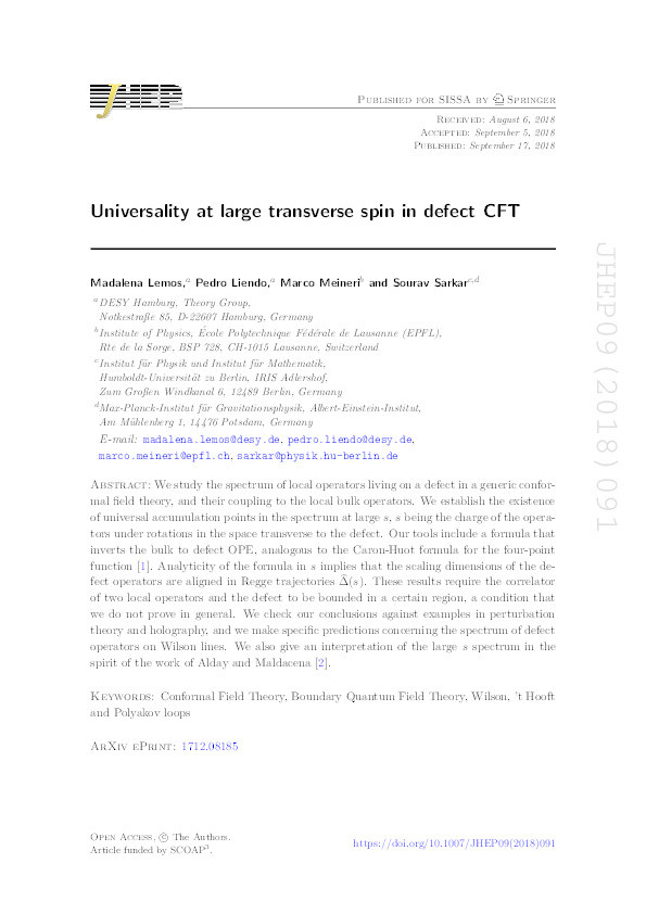 Universality at large transverse spin in defect CFT Thumbnail