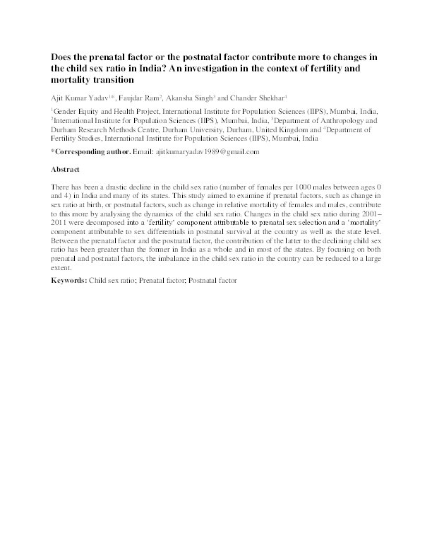 Does the prenatal factor or the postnatal factor contribute more to changes in the child sex ratio in India? An investigation in the context of fertility and mortality transition Thumbnail