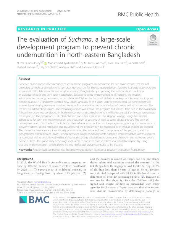 The evaluation of Suchana, a large-scale development program to prevent chronic undernutrition in north-eastern Bangladesh Thumbnail