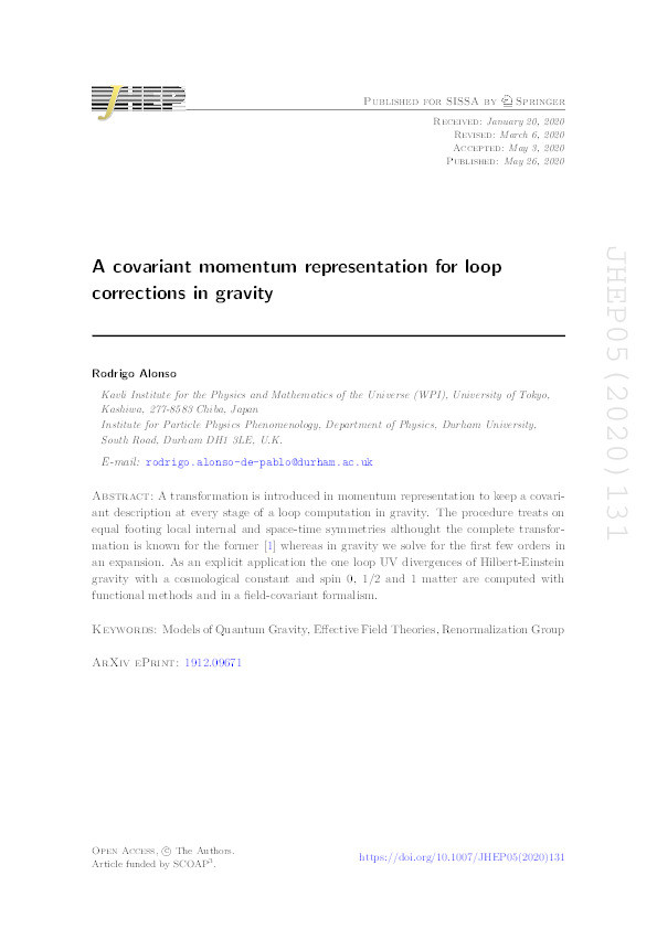 A covariant momentum representation for loop corrections in gravity Thumbnail